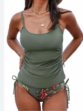 New Cupshe Women’s 2 Piece Green Tankini Side Tie Swimsuit / large